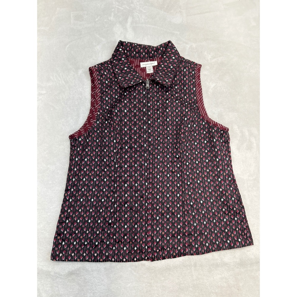Christopher & Banks Vest Women L Burgundy Geometric Quilted Zip Front Sleeveless